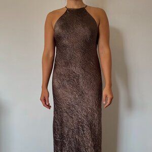 Massimo Dutti Brown Crinkle Maxi Dress Size XS